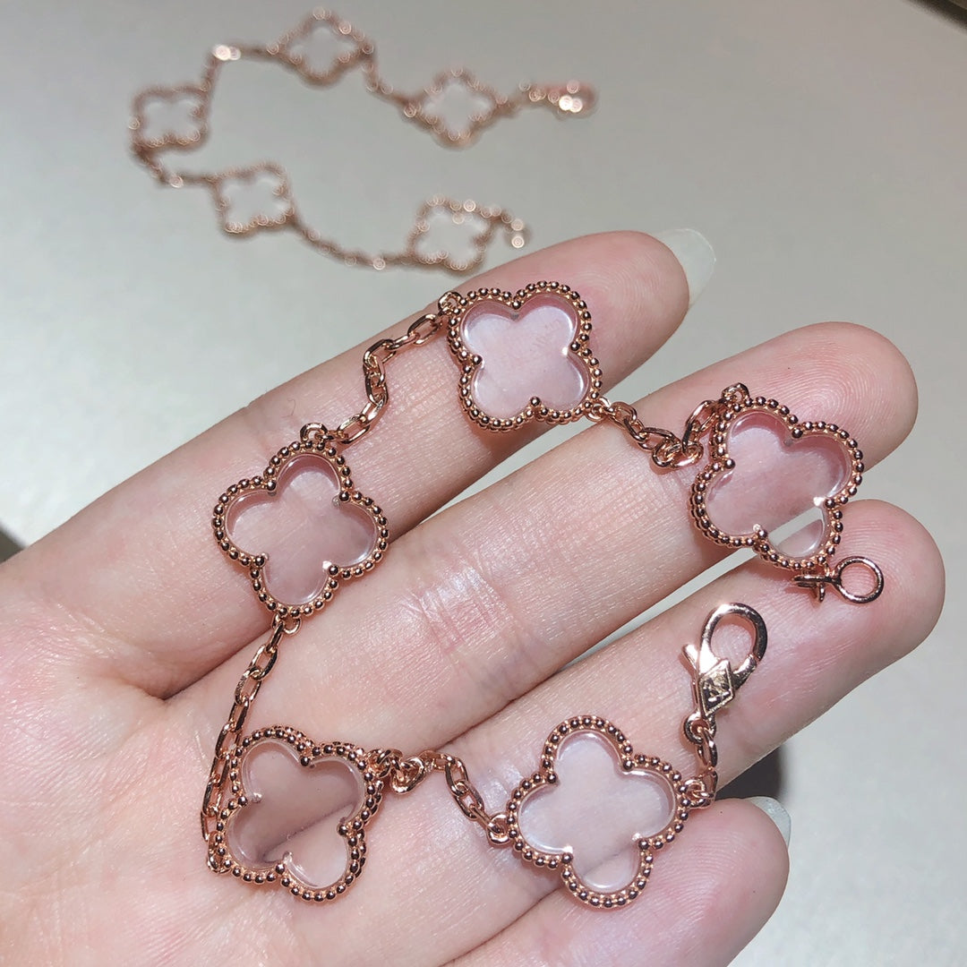 [Rose Jewellery]CLOVER 5 MOTIF ROCK CRYSTAL PINK GOLD BRACELET