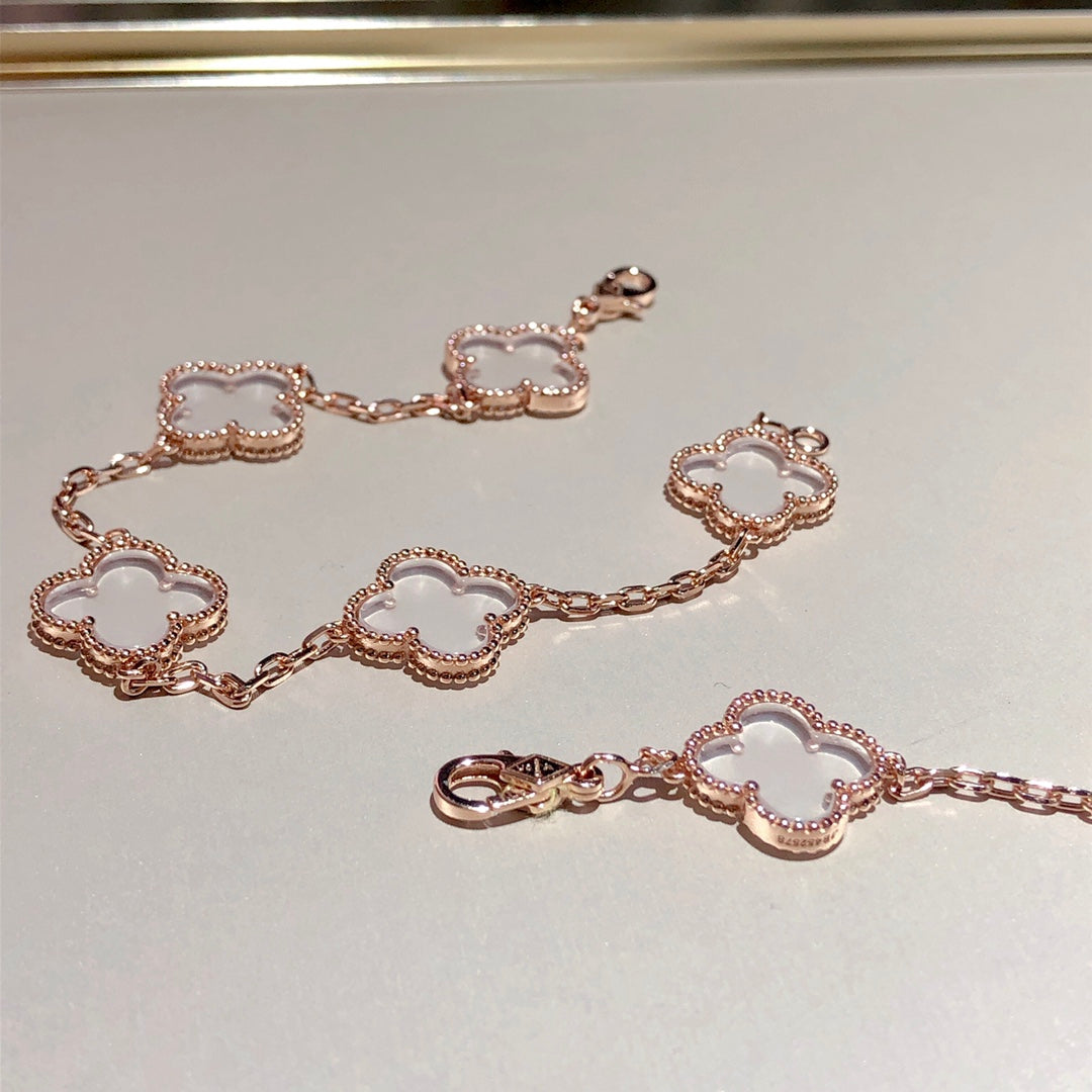 [Rose Jewellery]CLOVER 5 MOTIF ROCK CRYSTAL PINK GOLD BRACELET