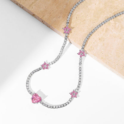 [Rose Jewellery]Dazzling Pink Heart Flower Necklace