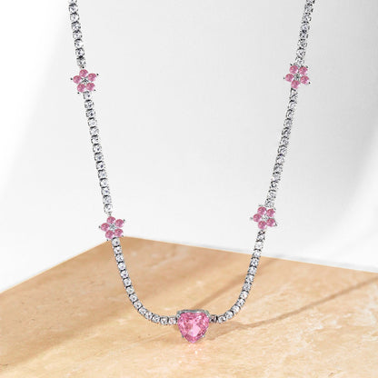 [Rose Jewellery]Dazzling Pink Heart Flower Necklace