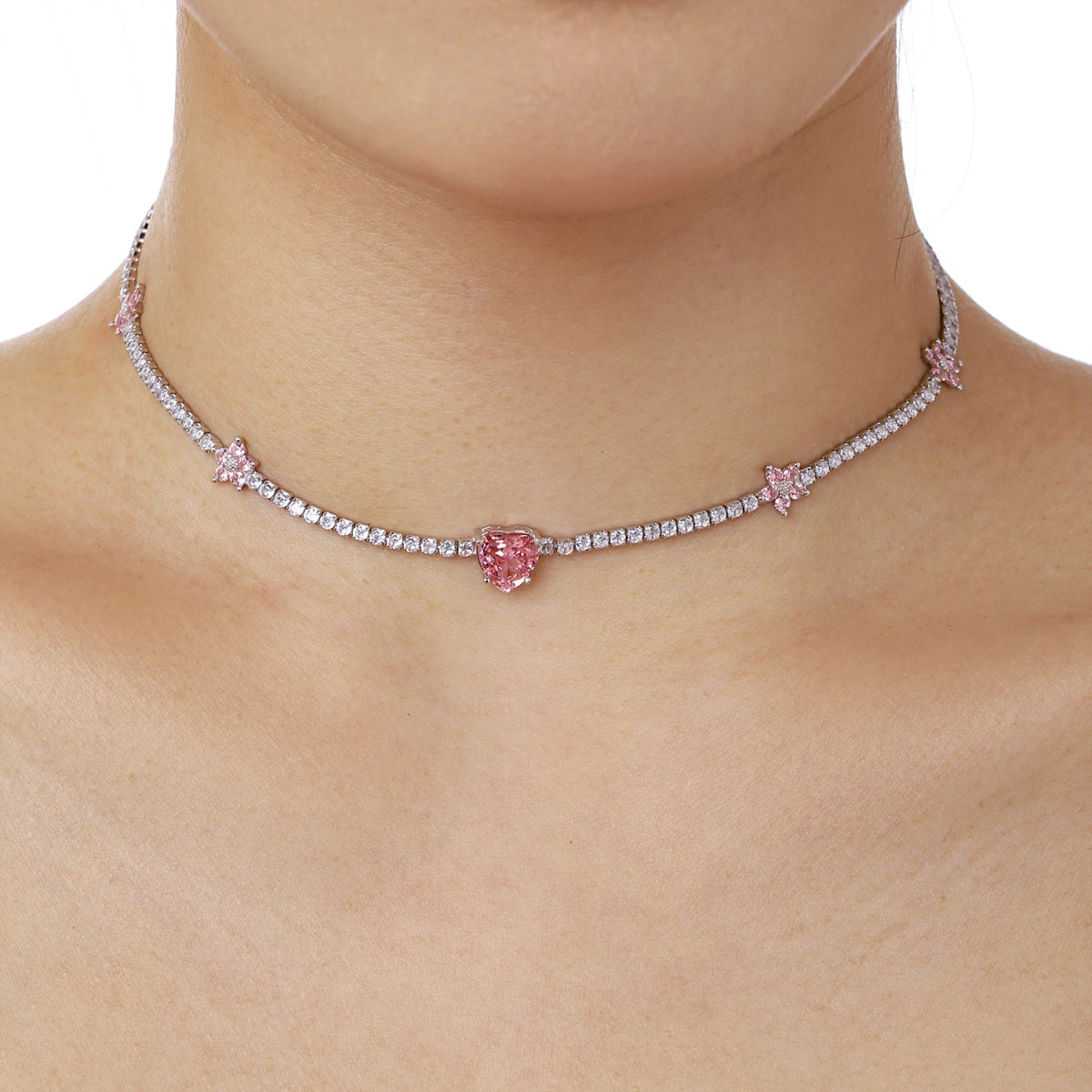 [Rose Jewellery]Dazzling Pink Heart Flower Necklace