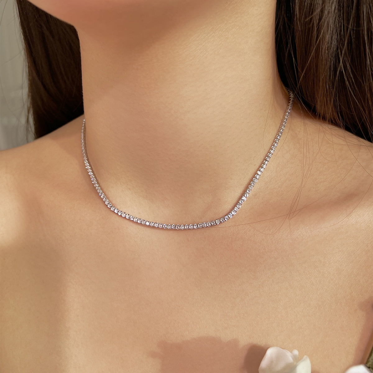 [Rose Jewellery]Delicate Round Shape Tennis Necklace