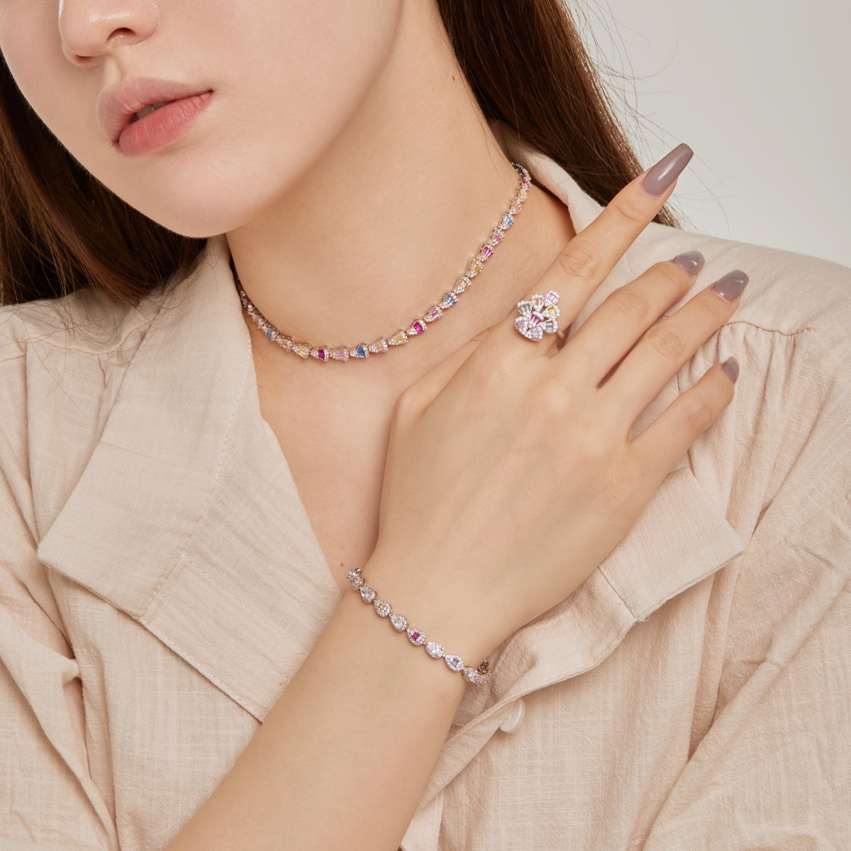 [Rose Jewellery]Sparkling Colorful Water Drop Shape Daily Ring