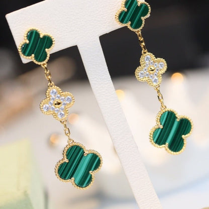 [Rose Jewellery]CLOVER EARRINGS GOLD MALACHITE DIAMOND 3 MOTIF