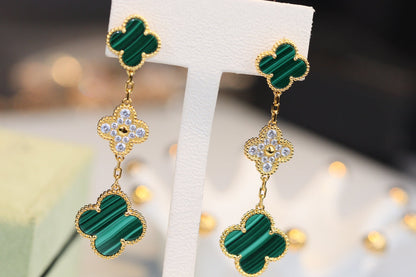 [Rose Jewellery]CLOVER EARRINGS GOLD MALACHITE DIAMOND 3 MOTIF