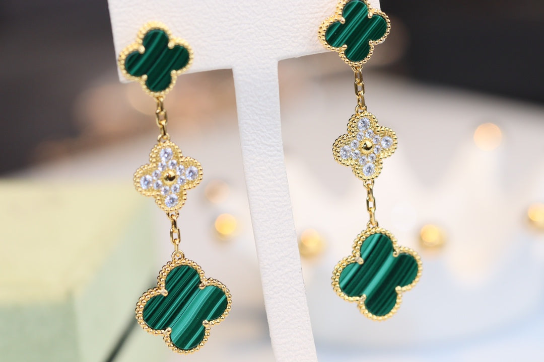 [Rose Jewellery]CLOVER EARRINGS GOLD MALACHITE DIAMOND 3 MOTIF