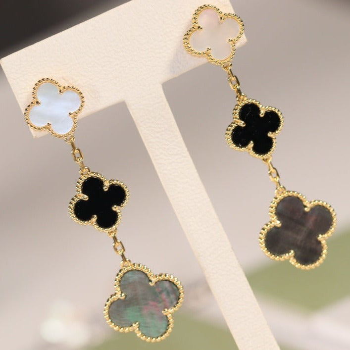 [Rose Jewellery]CLOVER EARRINGS GOLD ONYX MOP 3 MOTIF