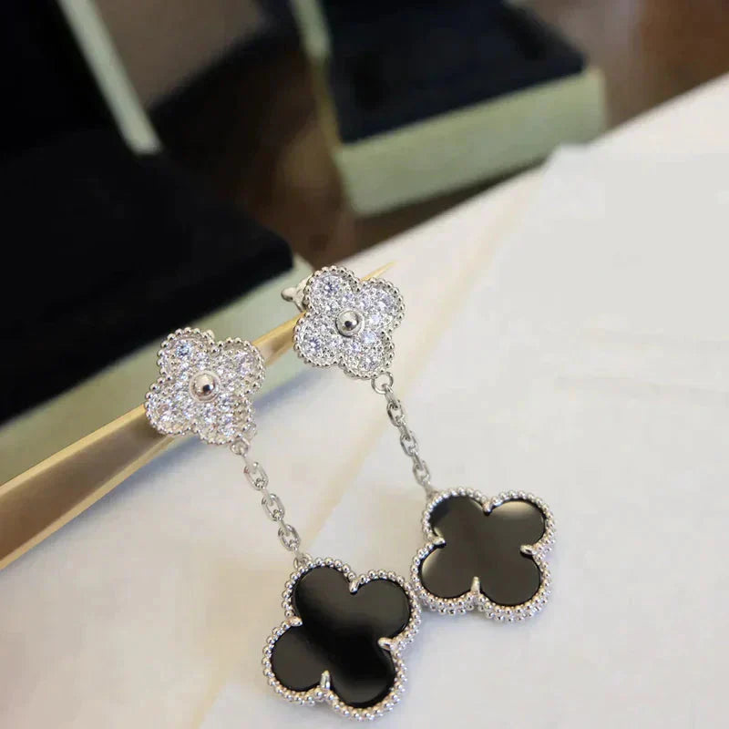 [Rose Jewellery]CLOVER 2 MOTIFS  DIAMOND ONYX EARRINGS SILVER