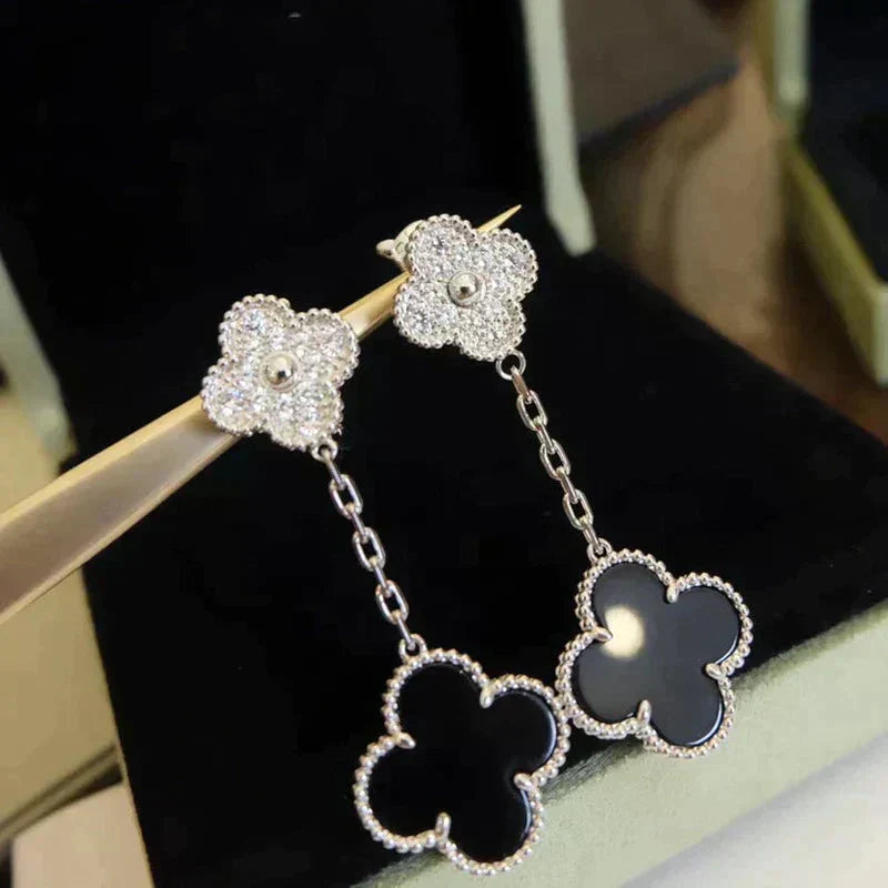 [Rose Jewellery]CLOVER 2 MOTIFS  DIAMOND ONYX EARRINGS SILVER