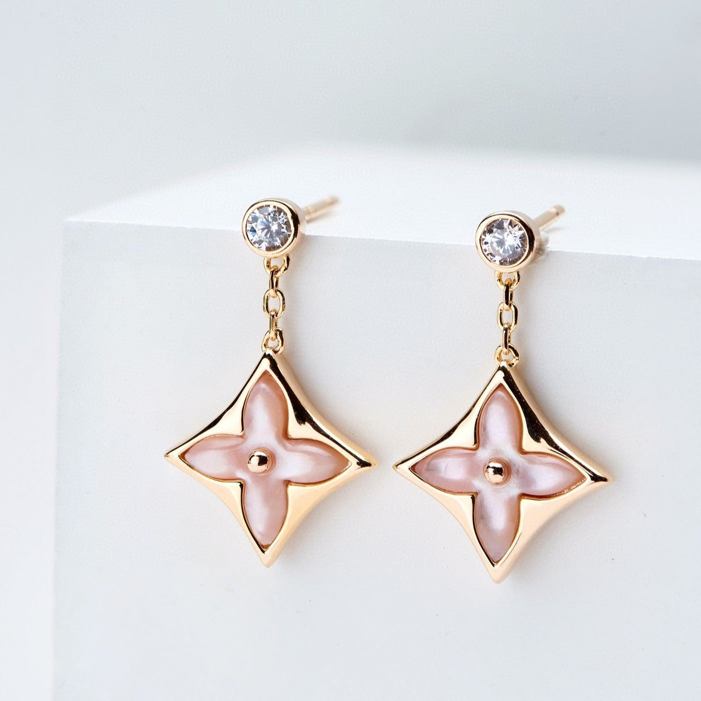 [Rose Jewellery]DOUBLE STAR PINK GOLD MOP DROP EARRINGS