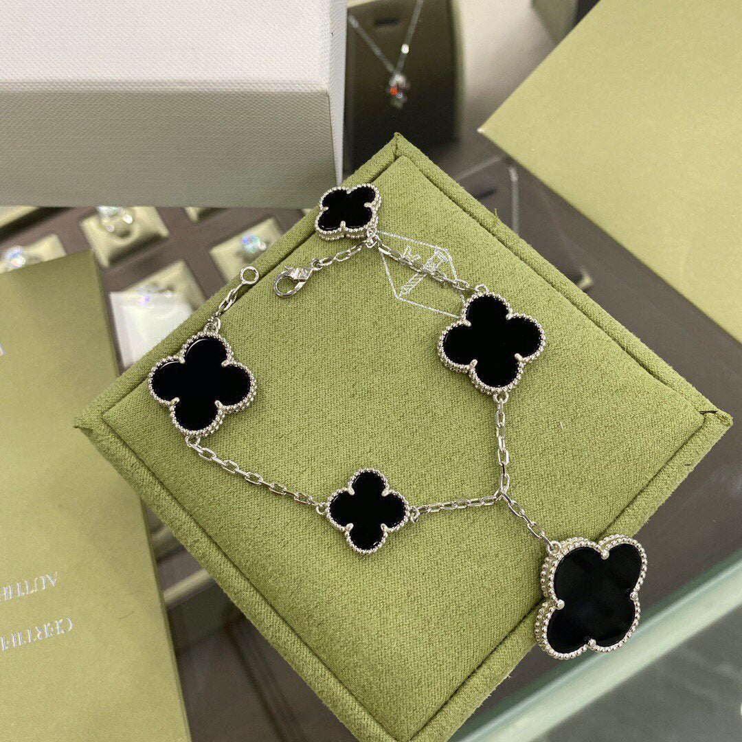 [Rose Jewellery]CLOVER 5 MOTIFS SIVLER ONYX BRACELET