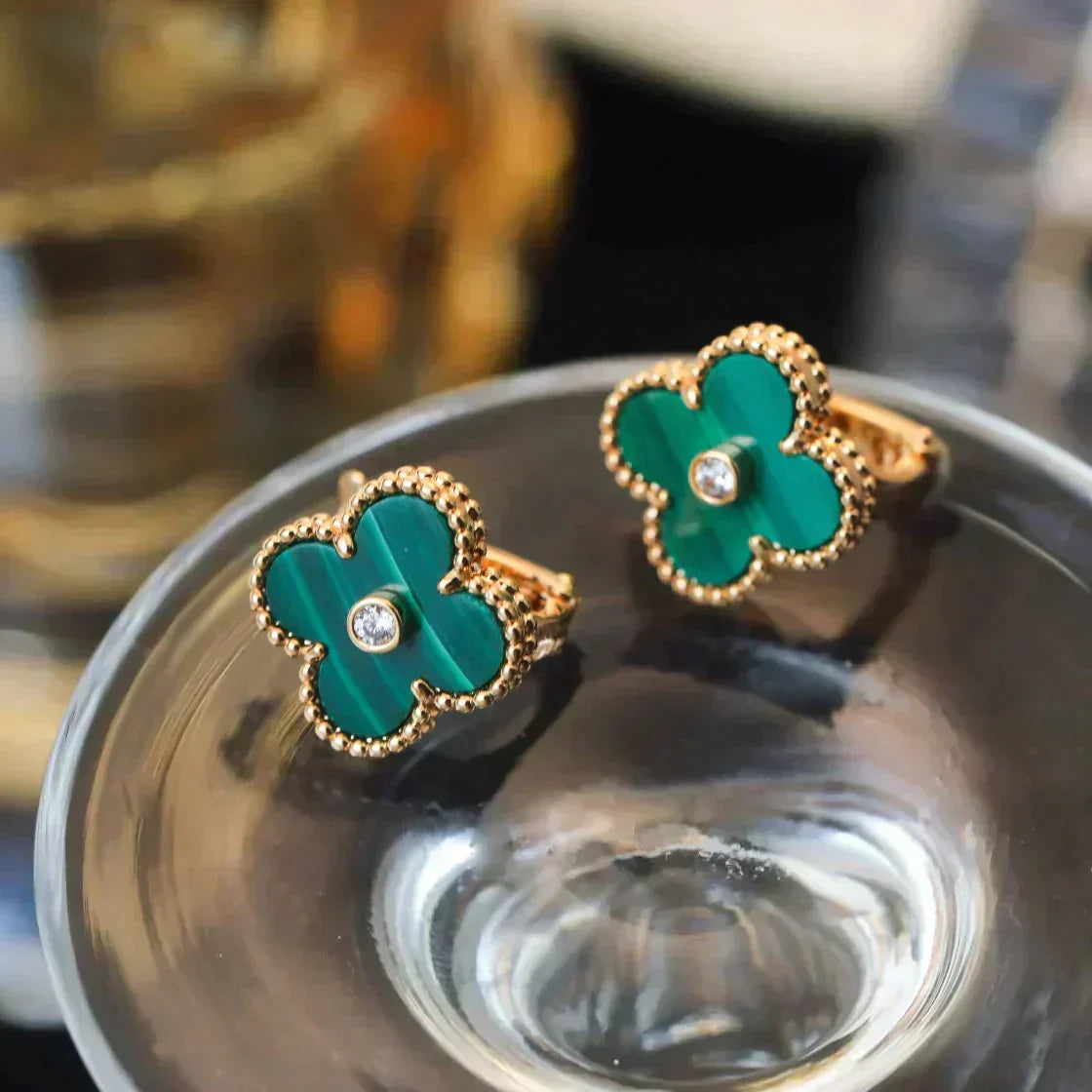 [Rose Jewellery]CLOVER MEDIUM 1 MOTIFS MALACHITE DIAMOND EARRINGS