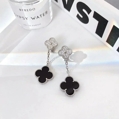 [Rose Jewellery]CLOVER 2 MOTIFS  DIAMOND ONYX EARRINGS SILVER