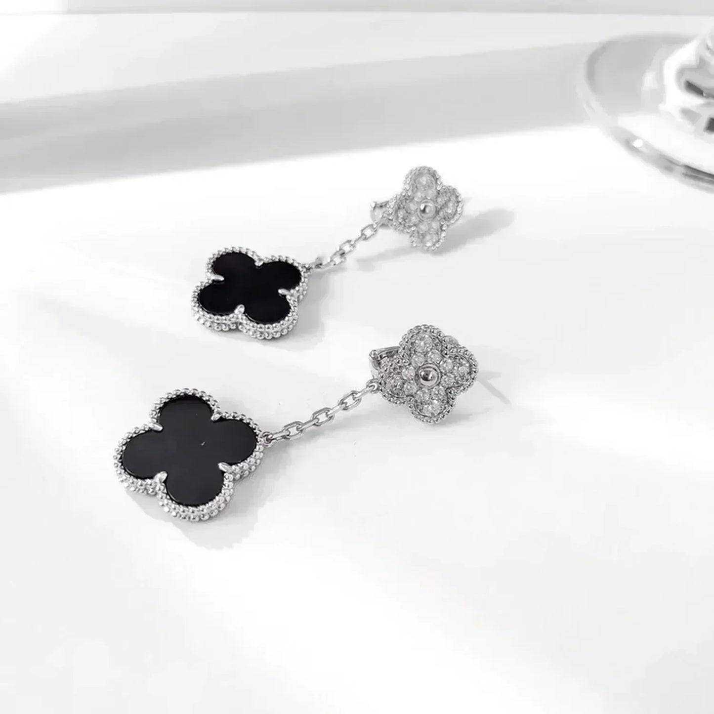 [Rose Jewellery]CLOVER 2 MOTIFS  DIAMOND ONYX EARRINGS SILVER