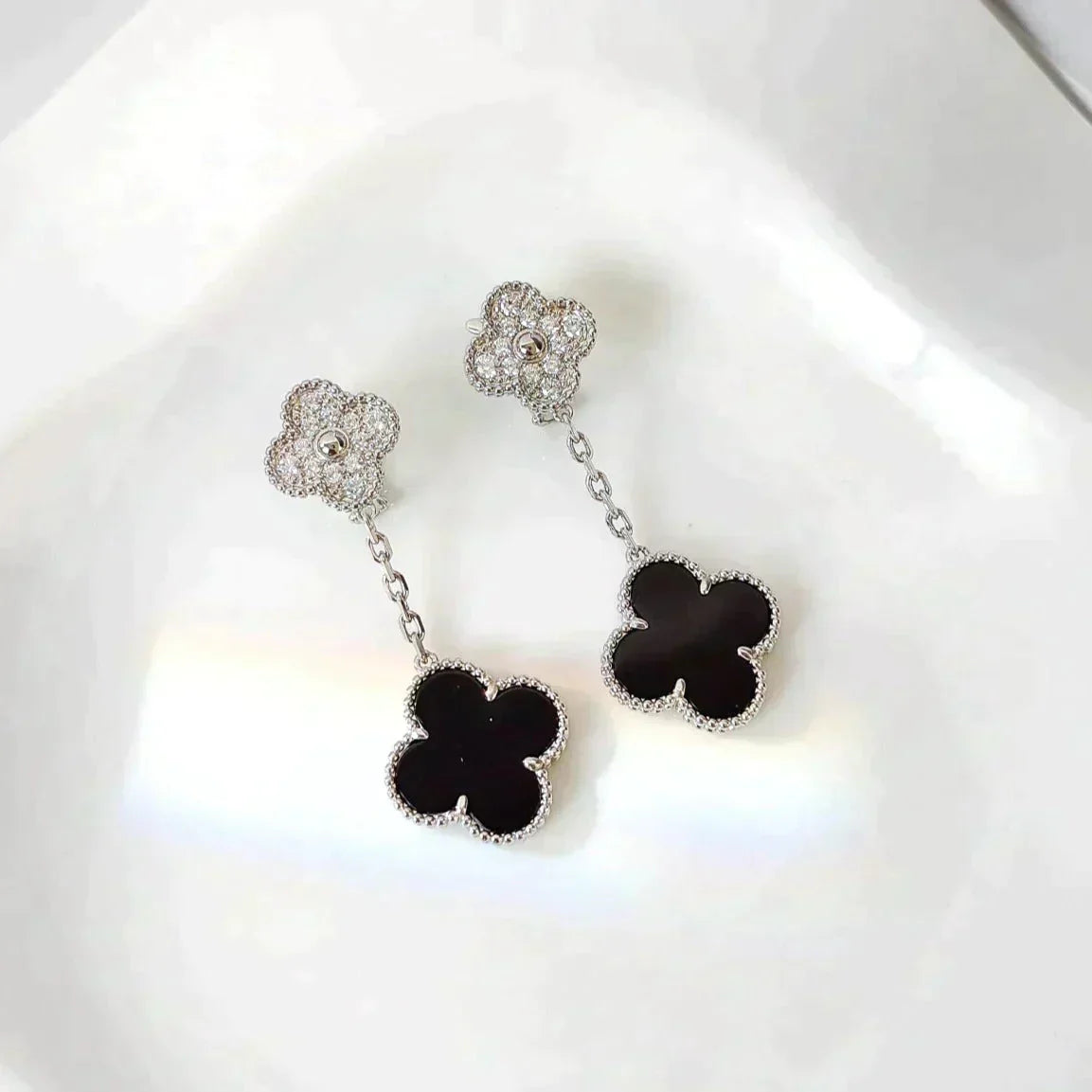 [Rose Jewellery]CLOVER 2 MOTIFS  DIAMOND ONYX EARRINGS SILVER