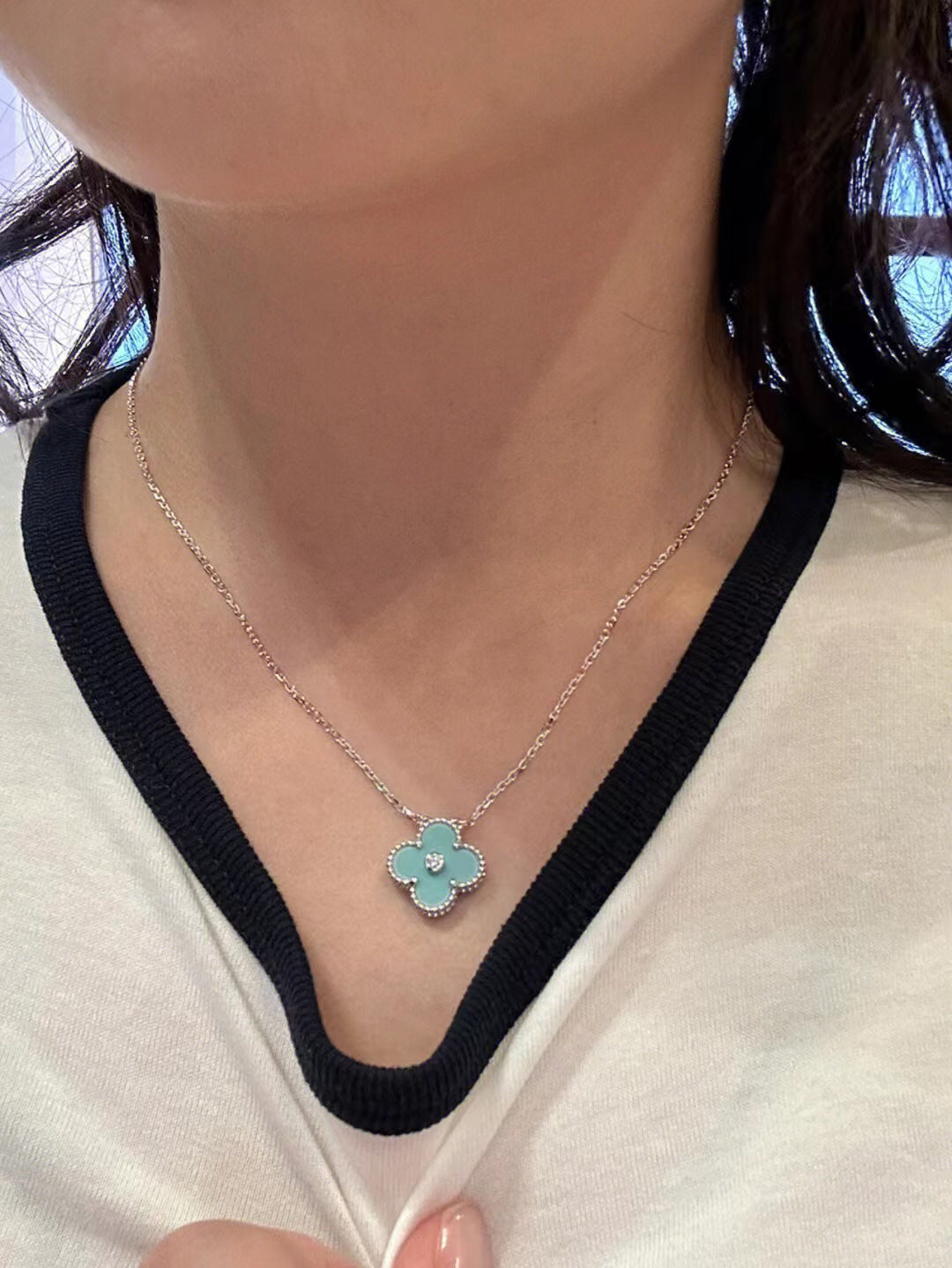 [Rose Jewellery]CLOVER 1 DIAMOND LIGHT BLUE SILVER NECKLACE