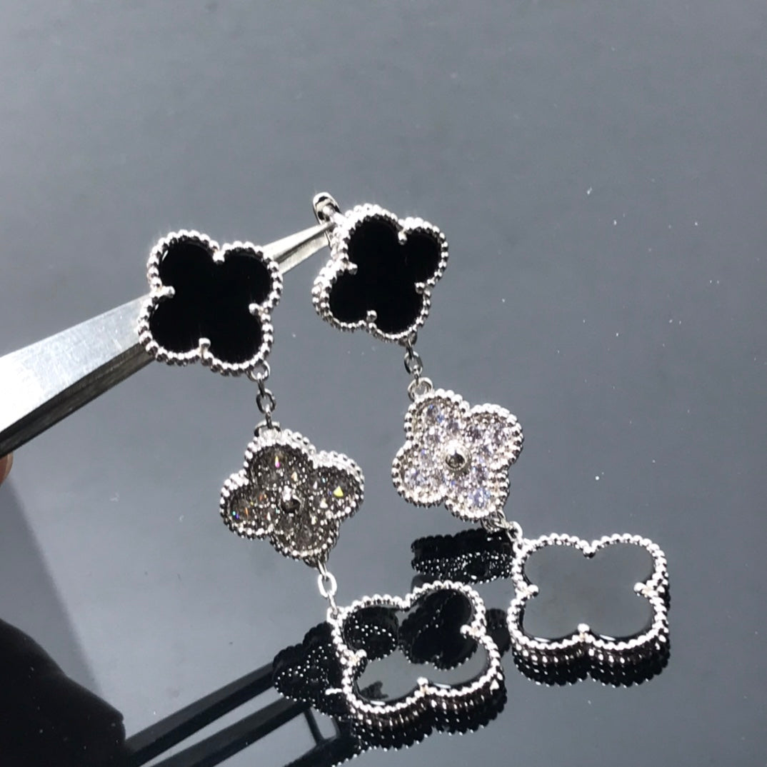 [Rose Jewellery]CLOVER 3 MOTIF DIAMOND ONYX SILVER EARRINGS