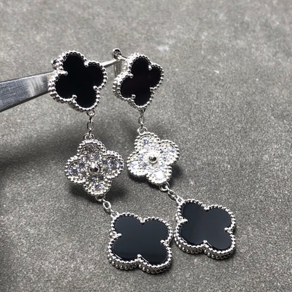 [Rose Jewellery]CLOVER 3 MOTIF DIAMOND ONYX SILVER EARRINGS