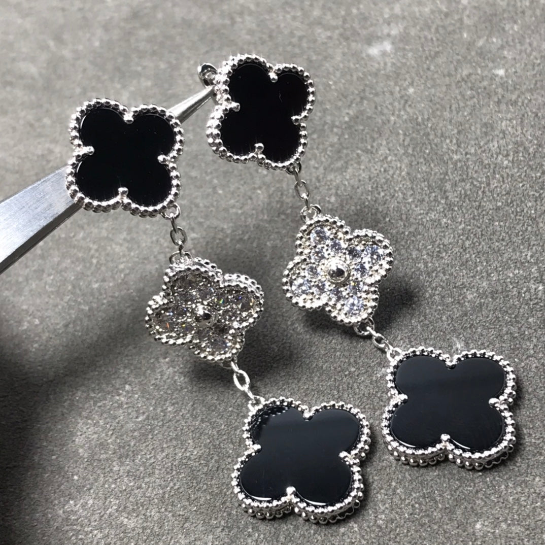 [Rose Jewellery]CLOVER 3 MOTIF DIAMOND ONYX SILVER EARRINGS