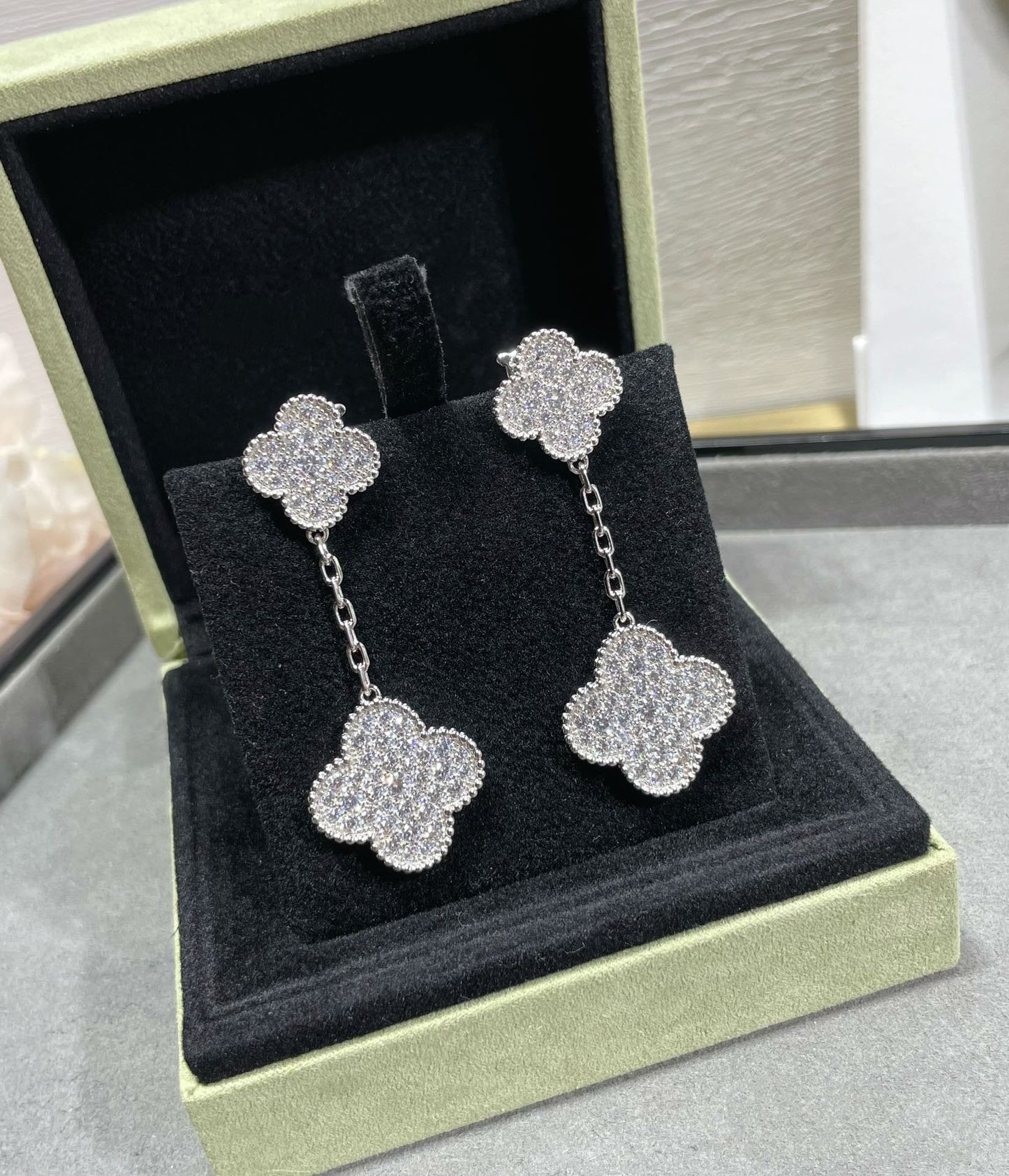 [Rose Jewellery]CLOVER 2 MOTIFS DIAMOND PAVED SILVER EARRINGS