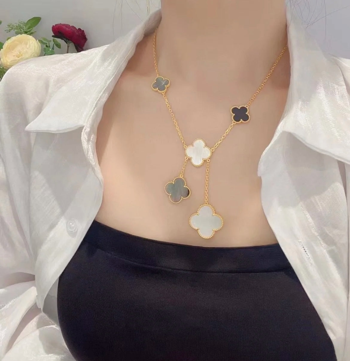 [Rose Jewellery]CLOVER 6 MOTIF MOP ONYX GOLD NECKLACE