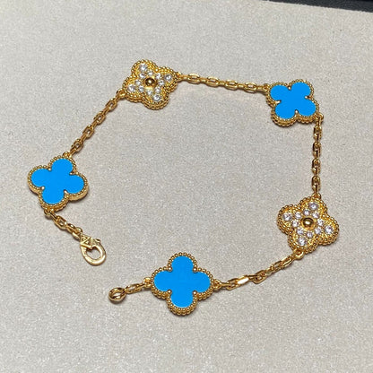 [Rose Jewellery]CLOVER 5 MOTIF BLUE CHALCEDONY DIAMOND GOLD BRACELET