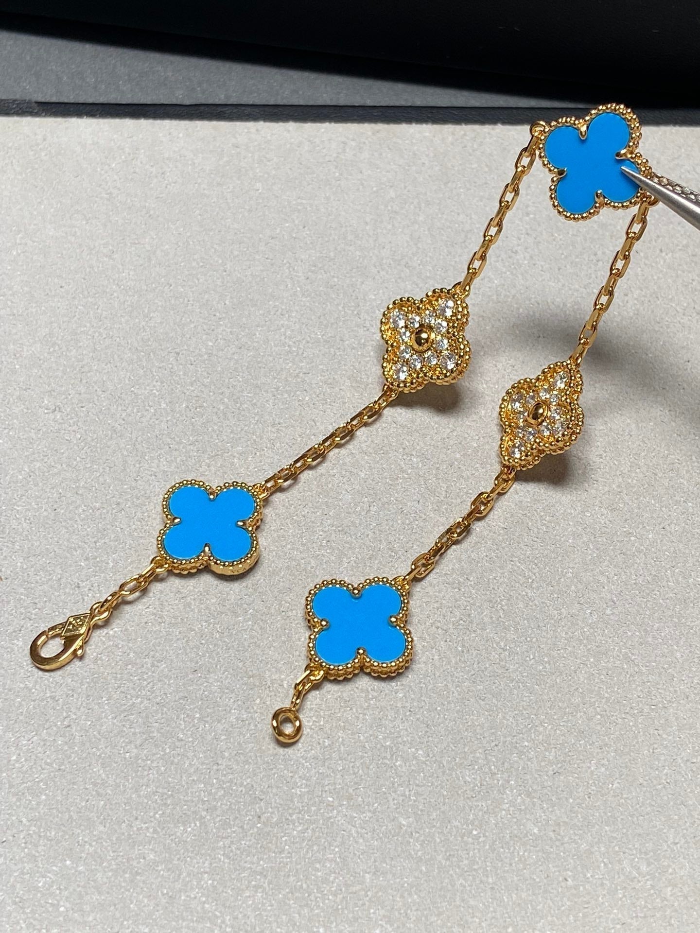 [Rose Jewellery]CLOVER 5 MOTIF BLUE CHALCEDONY DIAMOND GOLD BRACELET