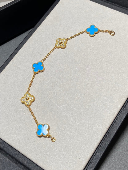 [Rose Jewellery]CLOVER 5 MOTIF BLUE CHALCEDONY DIAMOND GOLD BRACELET