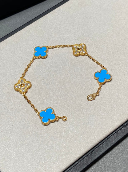 [Rose Jewellery]CLOVER 5 MOTIF BLUE CHALCEDONY DIAMOND GOLD BRACELET