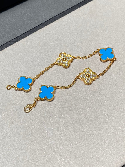 [Rose Jewellery]CLOVER 5 MOTIF BLUE CHALCEDONY DIAMOND GOLD BRACELET