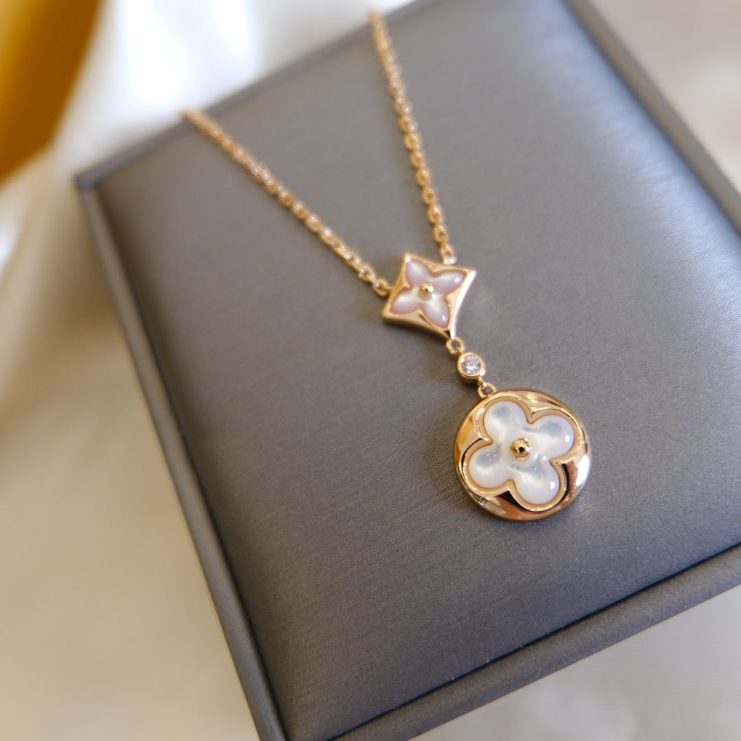 [Rose Jewellery]STAR AND SUN WHITE MOP 2 MOTIF PINK GOLD NECKLACE