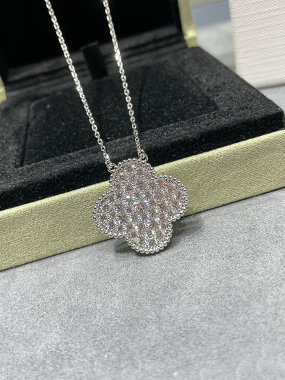 [Rose Jewellery]CLOVER 25MM LARGE PENDANT DIAMOND PAVED SILVER NECKLACE