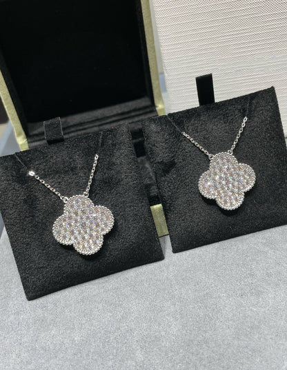 [Rose Jewellery]CLOVER 25MM LARGE PENDANT DIAMOND PAVED SILVER NECKLACE