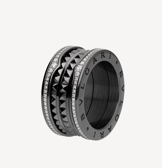 [Rose Jewellery]ZERO 1 ROCK FOUR-BAND BLACK CERAMIC WITH STUDDED SPIRAL AND PAVED DIAMONDS RING