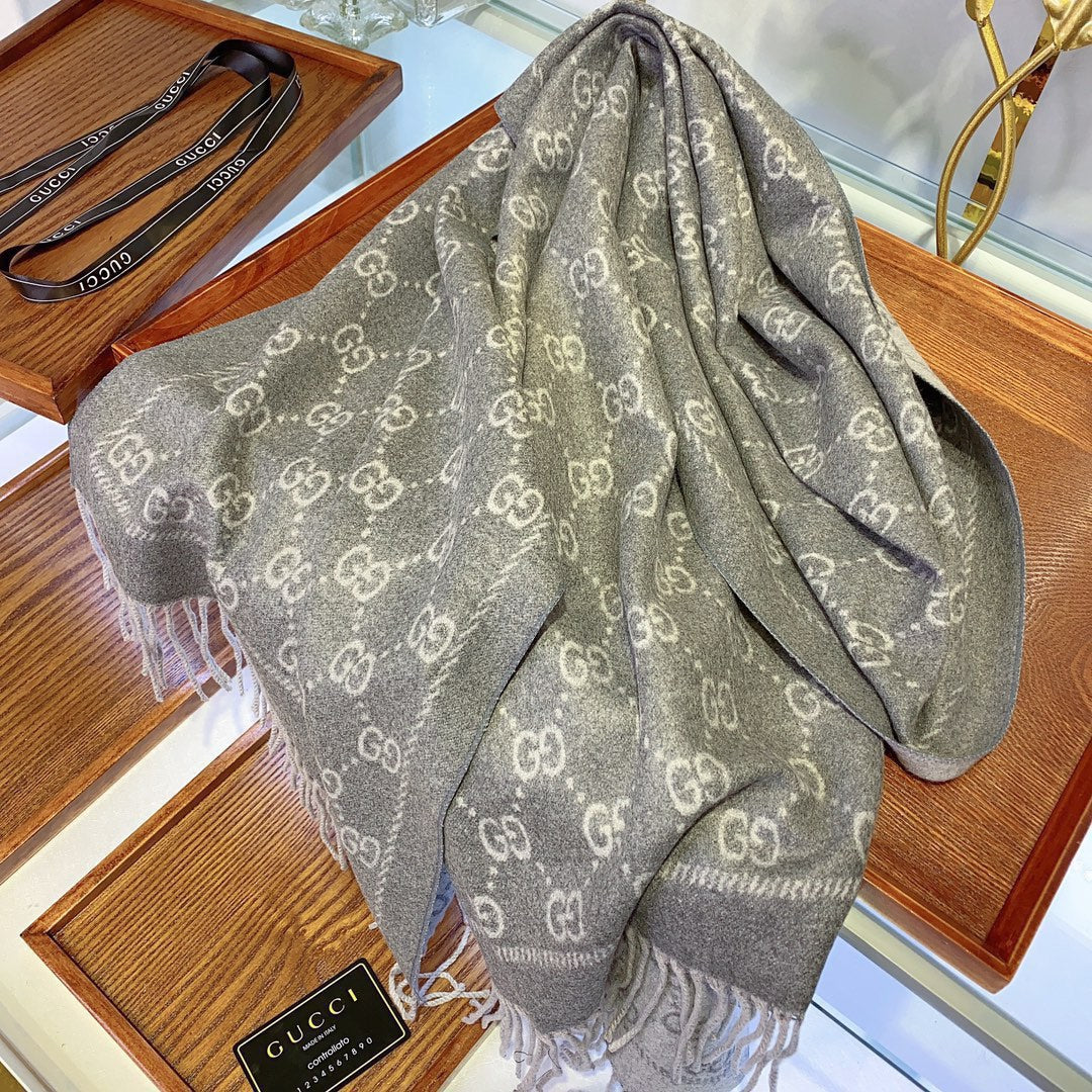 JACQUARD PATTERN KNIT SCARF 180 CM IN COOL GRAY WOOL 402421