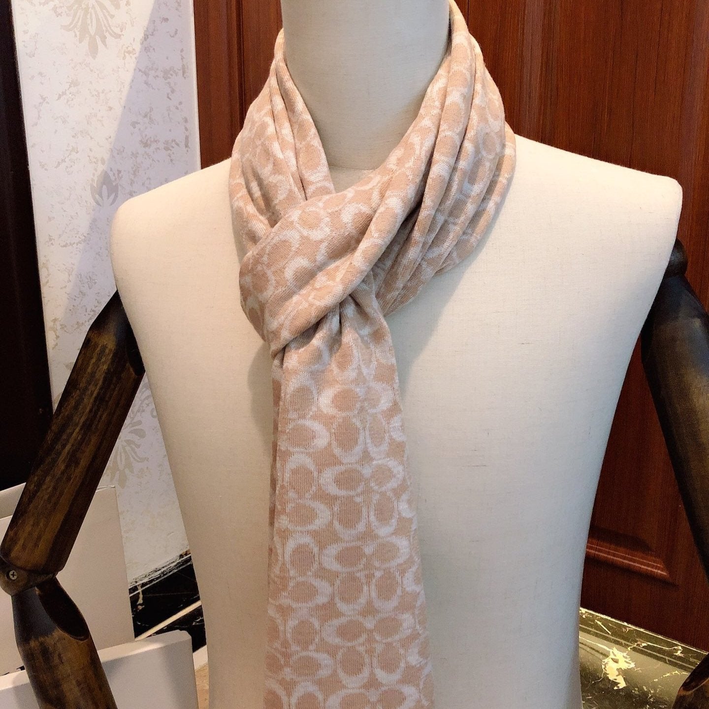 KNIT CASHMERE SCARF CAMEL BROWN MIX WHITE  619591