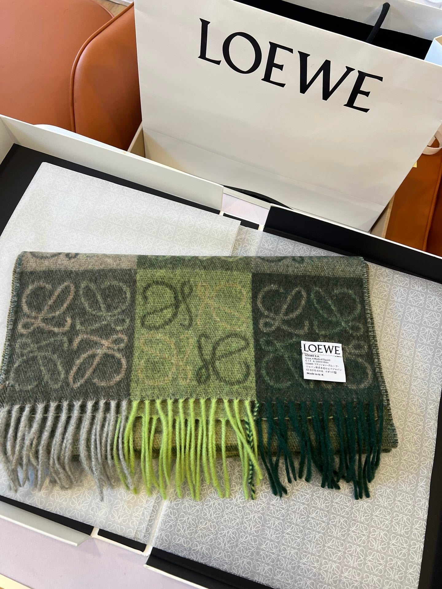 SCARF 180 CM IN BOTTLE GREEN MIX KHAKI WOOL AND CASHMERE 410100