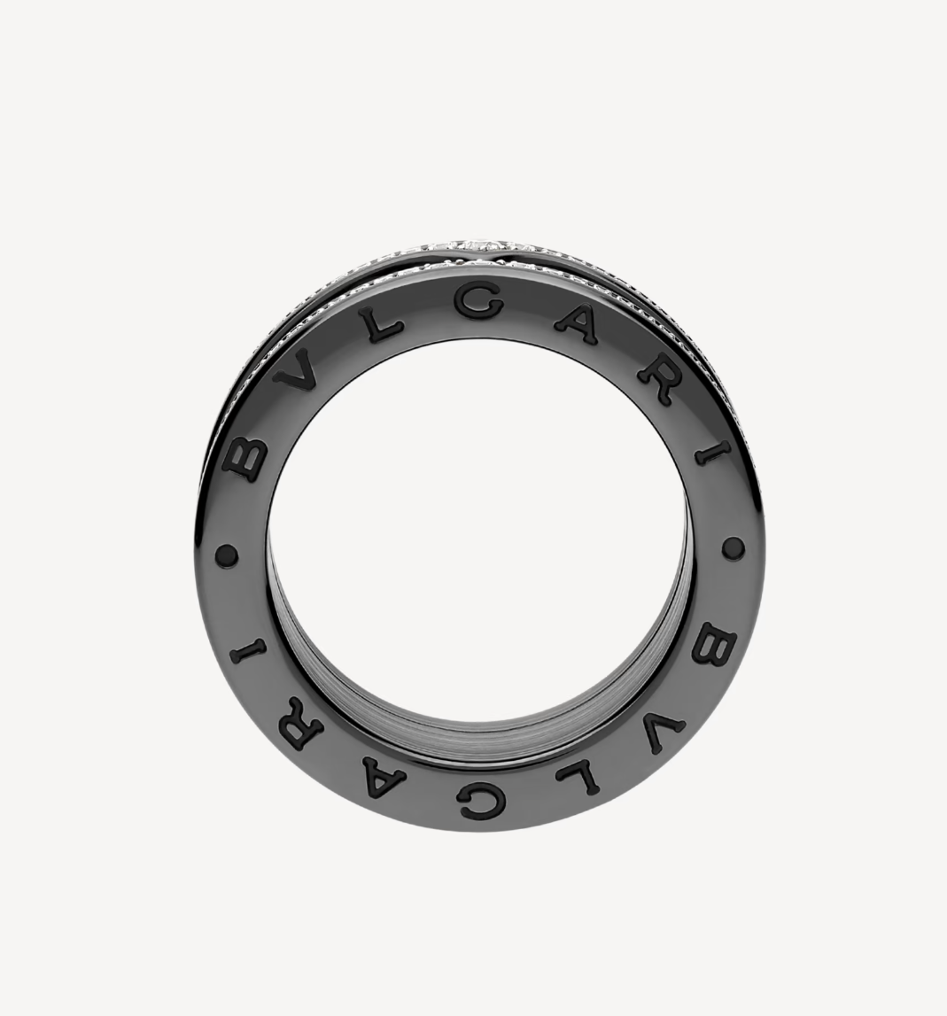 [Rose Jewellery]ZERO 1 ROCK FOUR-BAND BLACK CERAMIC WITH STUDDED SPIRAL AND PAVED DIAMONDS RING