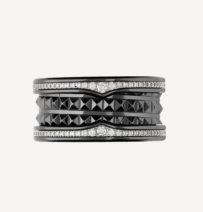 [Rose Jewellery]ZERO 1 ROCK FOUR-BAND BLACK CERAMIC WITH STUDDED SPIRAL AND PAVED DIAMONDS RING