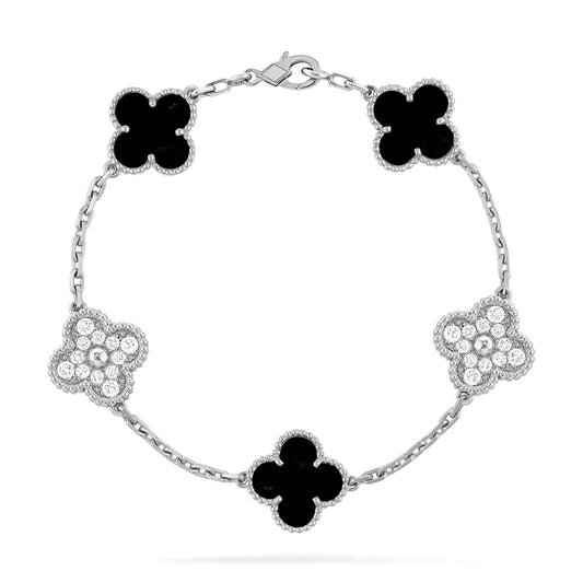 [Rose Jewellery]CLOVER 5 MOTIF ONYXS DIAMOND BRACELET SILVER