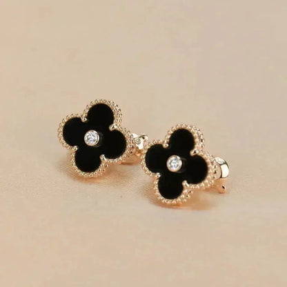 [Rose Jewellery]CLOVER MEDIUM 1 MOTIFS ONYX DIAMOND EARRINGS