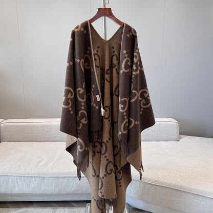 PONCHO 200 CM IN CHOCOLATE BROWN MONOGRAM CASHMERE 405021