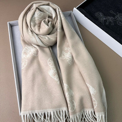 HORSE & CARRIAGE PRINT SCARF 195 CM IN BEIGE WOOL 375241