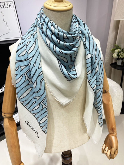 MISS DIOR ALLOVER SHAWL 140 CM IN POWDER BLUE MIX WHITE SILK CASHMERE 411630