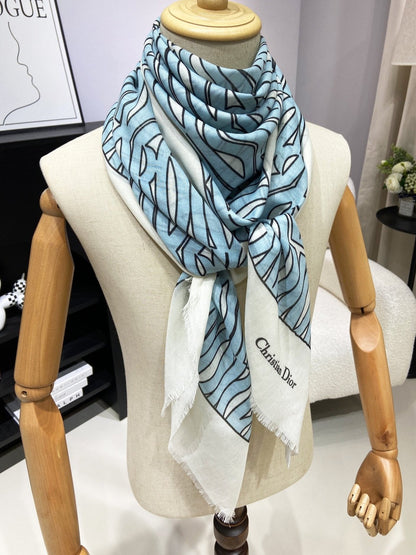 MISS DIOR ALLOVER SHAWL 140 CM IN POWDER BLUE MIX WHITE SILK CASHMERE 411630