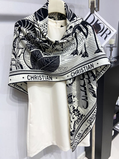 SQUARE SCARF 140 CM IN BLACK MIX WHITE MONOGRAM WOOL AND SILK 415111