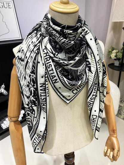 SQUARE SCARF 140 CM IN BLACK MIX WHITE MONOGRAM WOOL AND SILK 415111