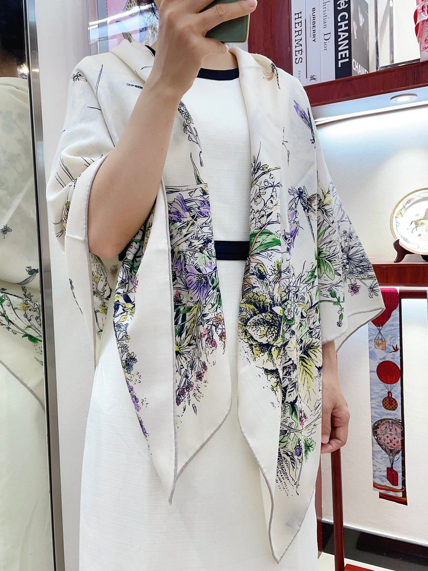 SCARF 140 CM IN WHITE MONOGRAM SILK AND CASHMERE 415163