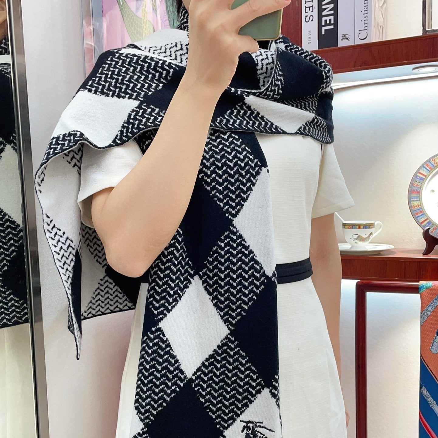 ARGYLE WOOL SCARF 190 CM BLACK MIX WHITE 394596