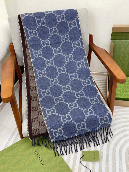 GG JACQUARD WOOL SCARF DENIM BLUE MIX COFFEE BROWN 398286